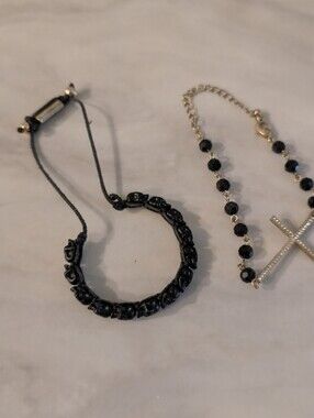 Set Of 2 Gothic Style Skull And Rosary Bracelet